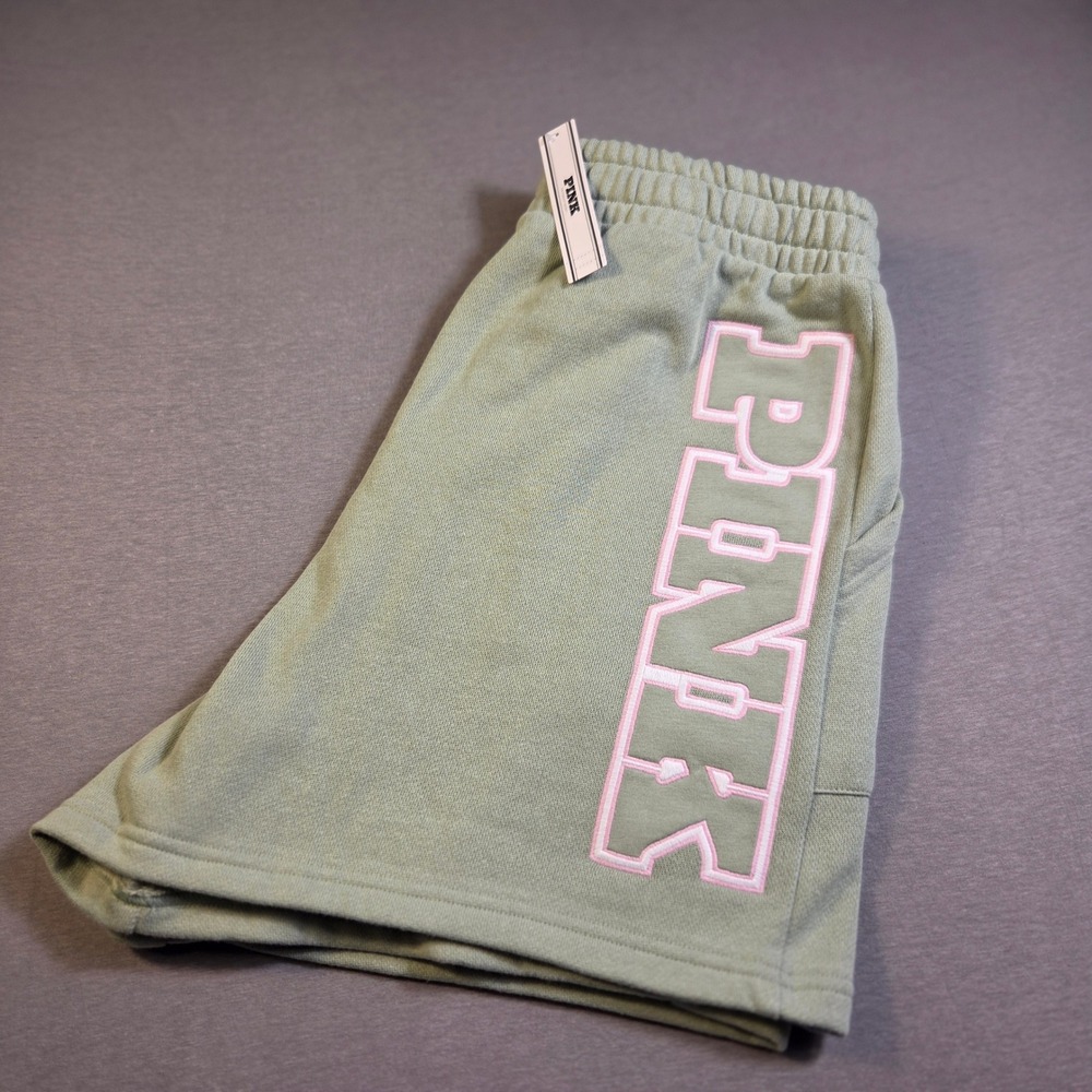 Victoria's Secret PINK Sage Green Fleece Lounge Shorts Logo Graphic NWT Medium